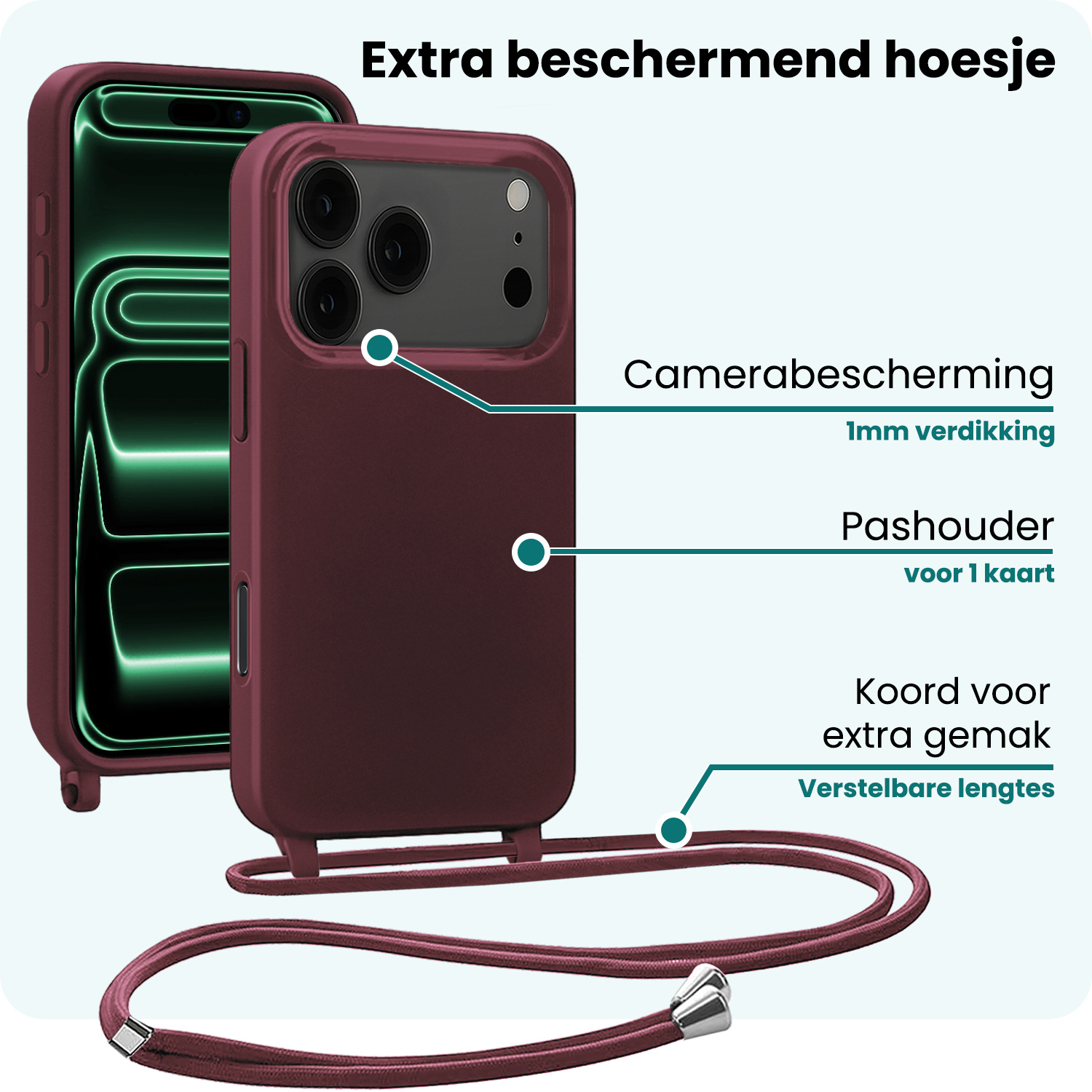 Forterra Forterra iPhone 17 Pro Hoesje met Koord Met 2x Screenprotector - Aubergine