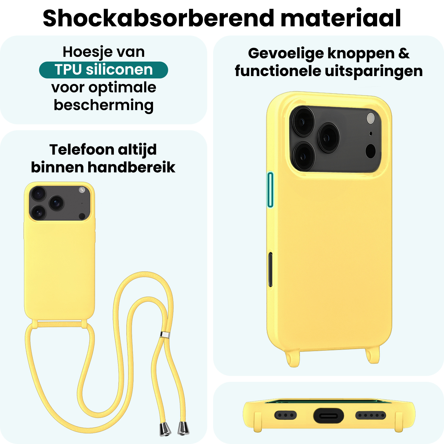 Forterra Forterra iPhone 17 Pro Hoesje met Koord Met Screenprotector - Geel