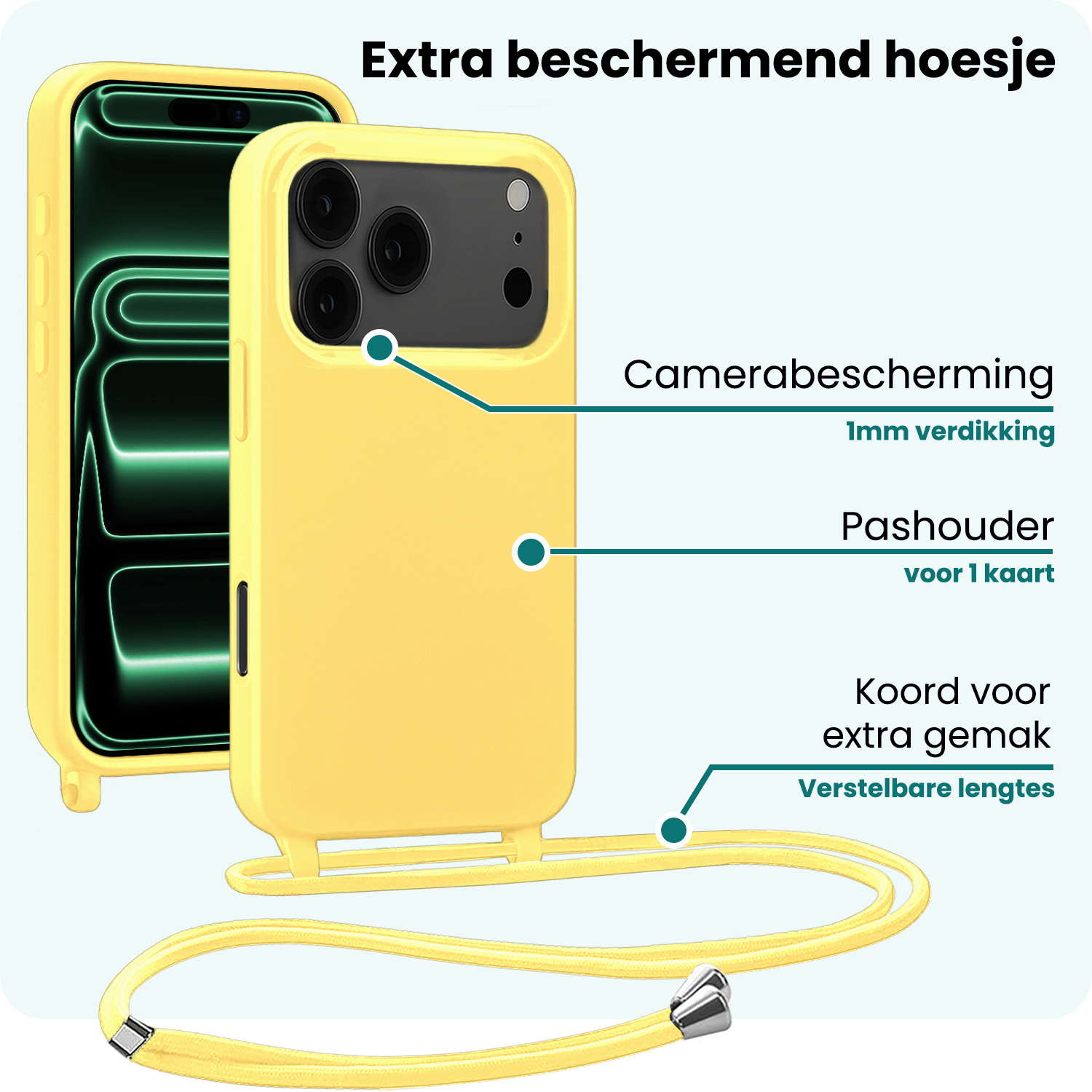 Forterra Forterra iPhone 17 Pro Hoesje met Koord Met 2x Screenprotector - Geel
