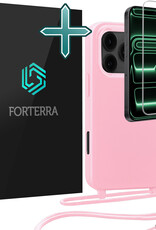 Forterra Forterra iPhone 17 Pro Hoesje met Koord Met Screenprotector - Lichtroze