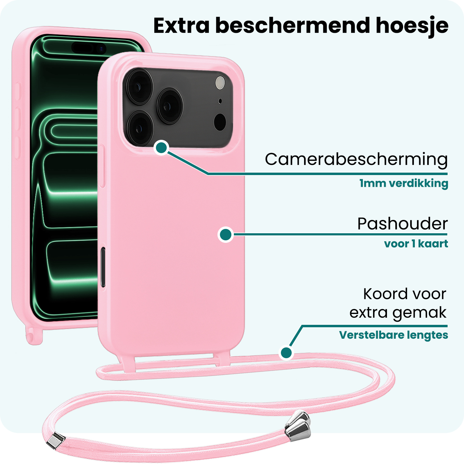 Forterra Forterra iPhone 17 Pro Hoesje met Koord Met Screenprotector - Lichtroze