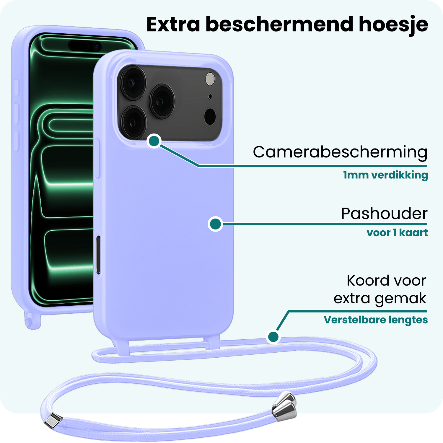 Forterra Forterra iPhone 17 Pro Hoesje met Koord Met Screenprotector - Lila