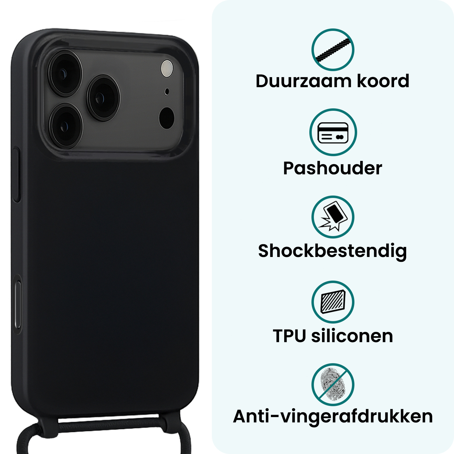 Forterra Forterra iPhone 17 Pro Hoesje met Koord Met Screenprotector - Zwart