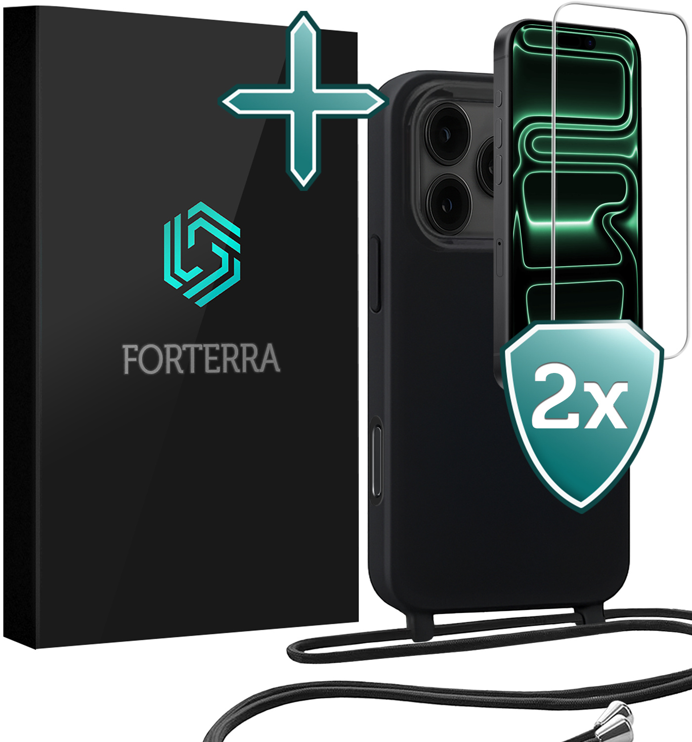 Forterra Forterra iPhone 17 Pro Hoesje met Koord Met 2x Screenprotector - Zwart