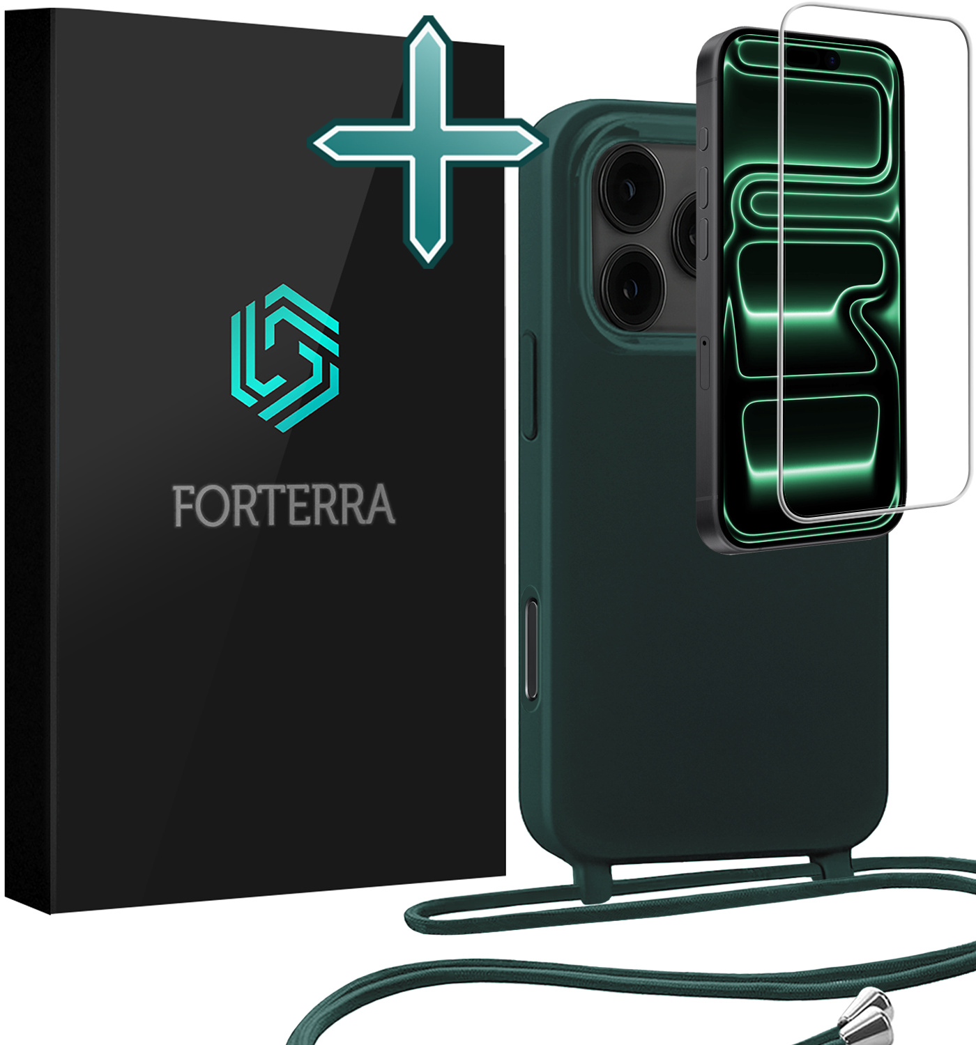 Forterra Forterra iPhone 17 Pro Max Hoesje met Koord Met Screenprotector - Donkergroen