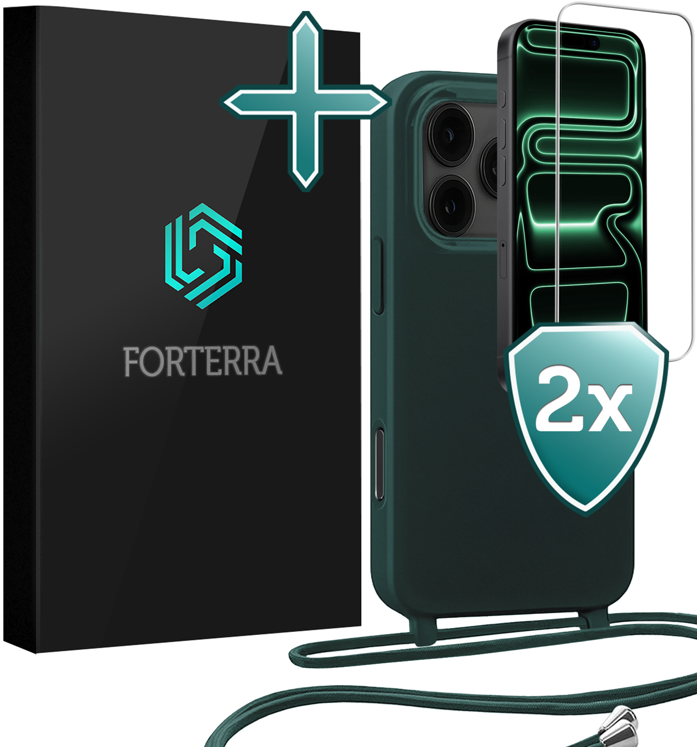 Forterra Forterra iPhone 17 Pro Max Hoesje met Koord Met 2x Screenprotector - Donkergroen