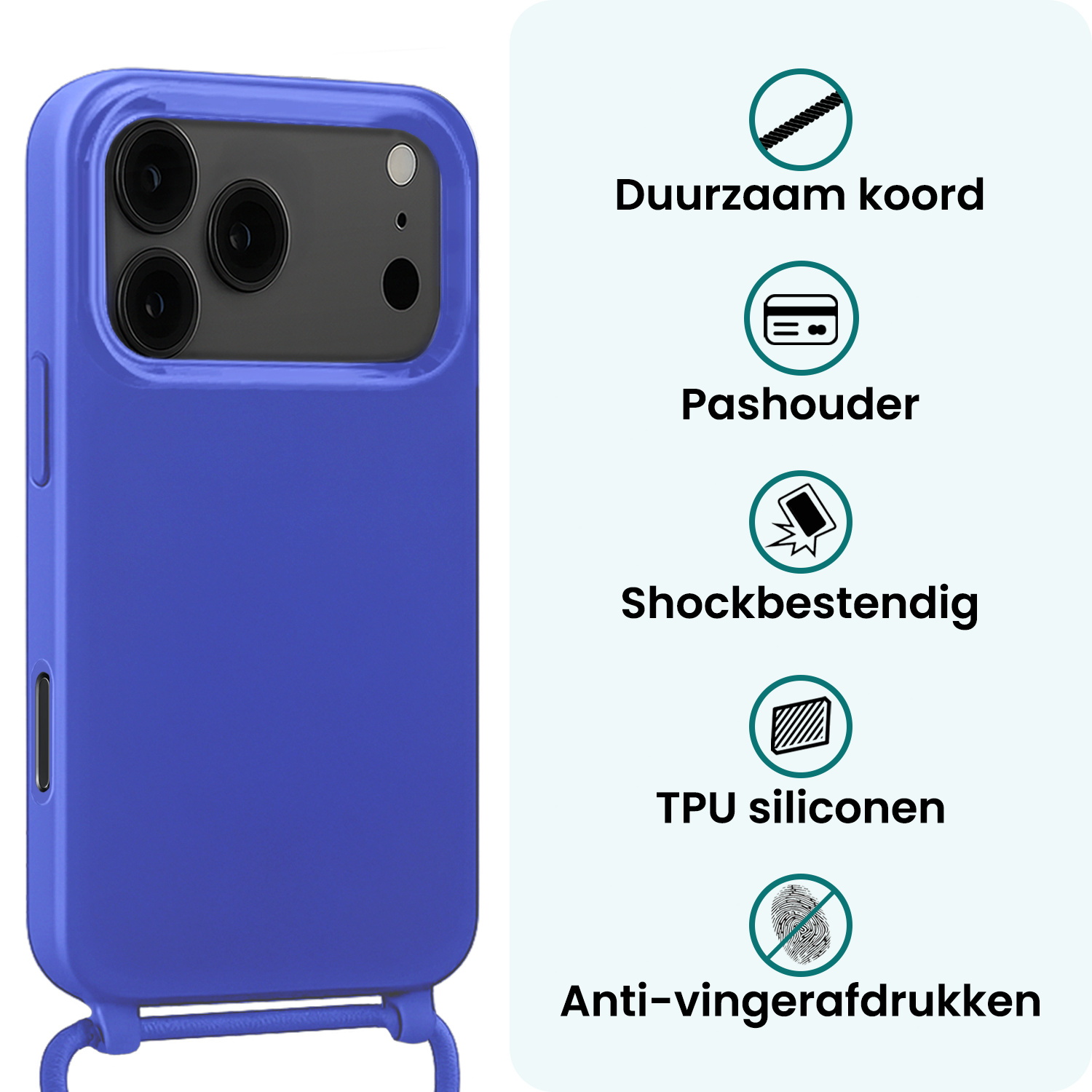 Forterra Forterra iPhone 17 Pro Max Hoesje met Koord Met Screenprotector - Fel Blauw