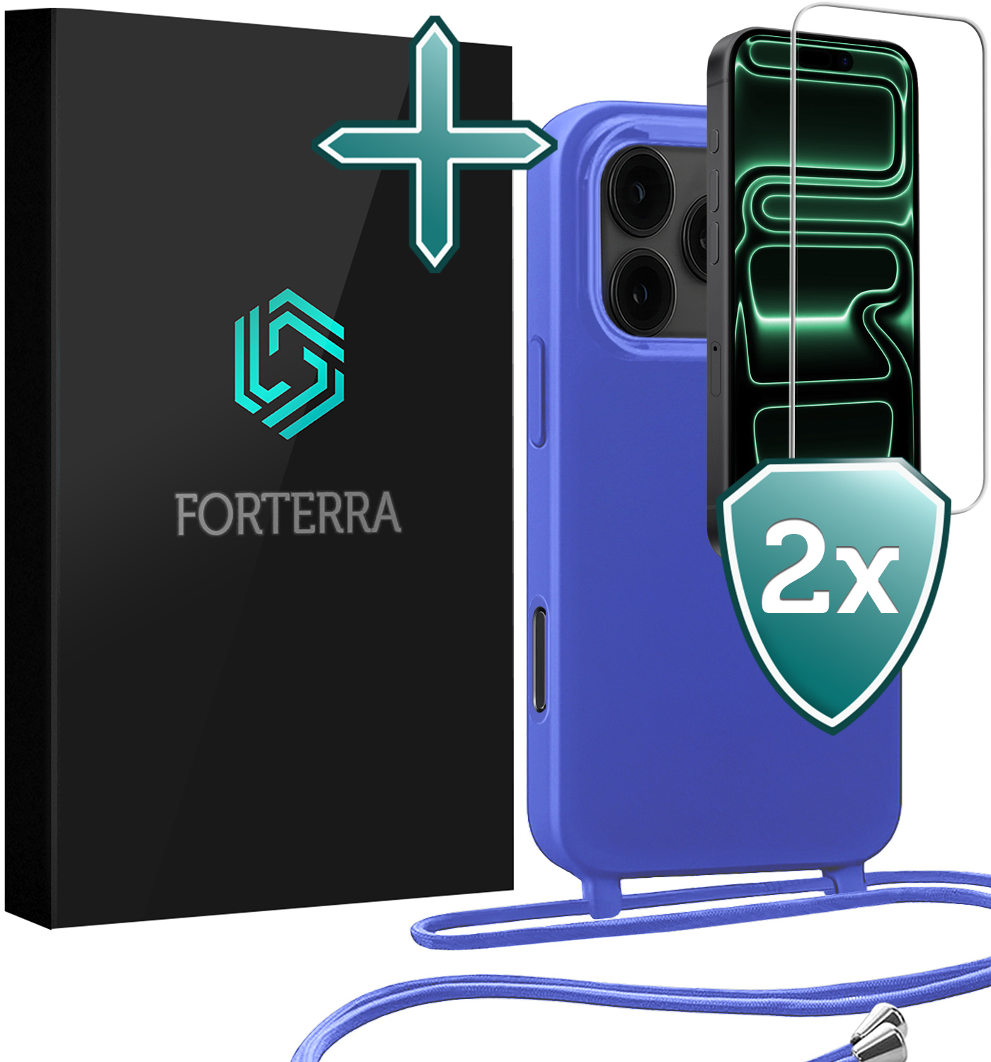 Forterra Forterra iPhone 17 Pro Max Hoesje met Koord Met 2x Screenprotector - Fel Blauw