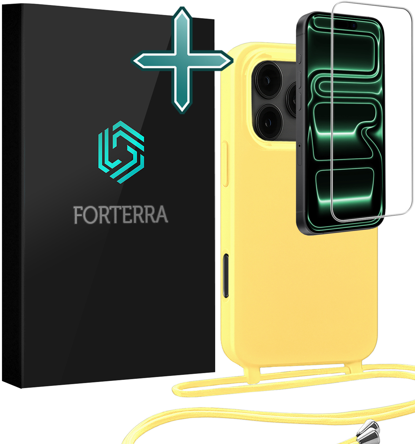 Forterra Forterra iPhone 17 Pro Max Hoesje met Koord Met Screenprotector - Geel