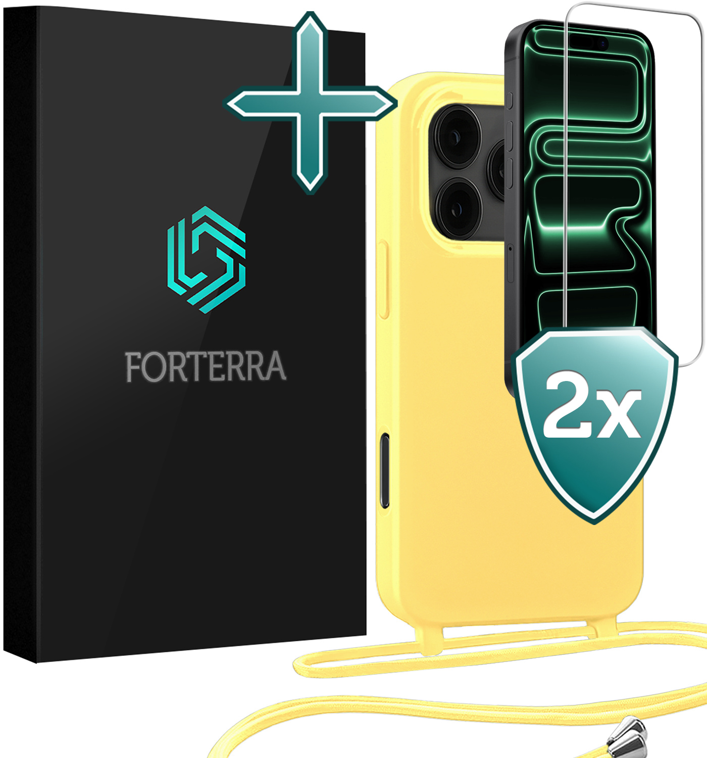 Forterra Forterra iPhone 17 Pro Max Hoesje met Koord Met 2x Screenprotector - Geel