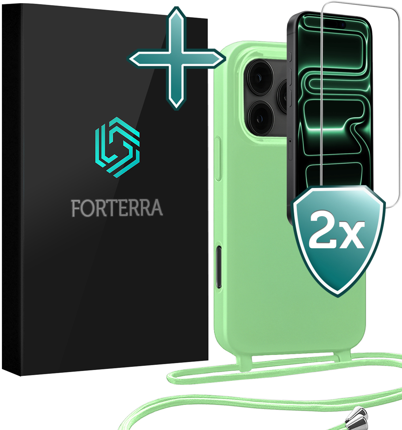 Forterra Forterra iPhone 17 Pro Max Hoesje met Koord Met 2x Screenprotector - Groen