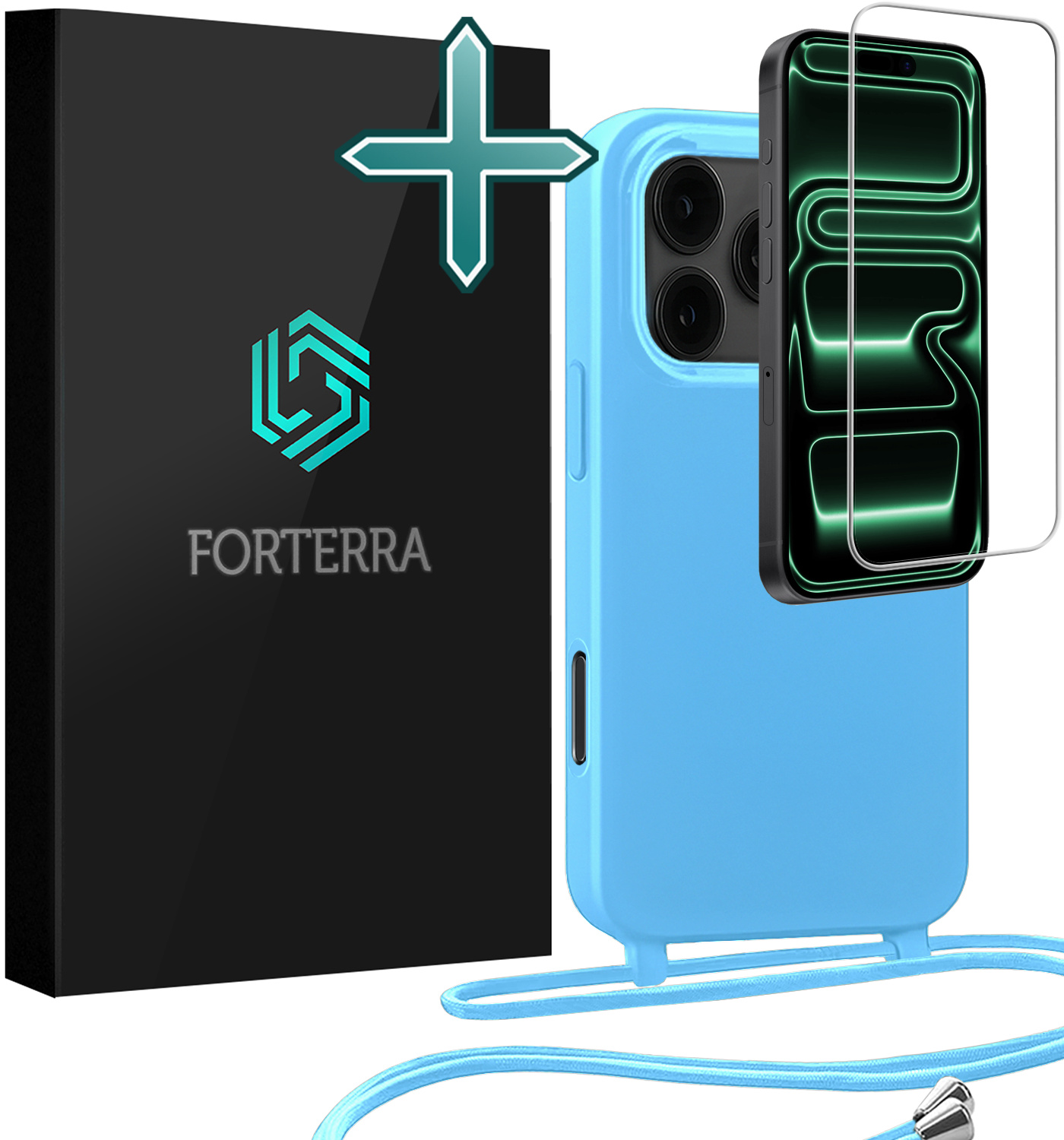 Forterra Forterra iPhone 17 Pro Max Hoesje met Koord Met Screenprotector - Lichtblauw