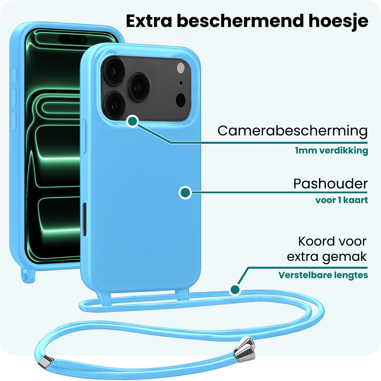 Forterra Forterra iPhone 17 Pro Max Hoesje met Koord Met 2x Screenprotector - Lichtblauw
