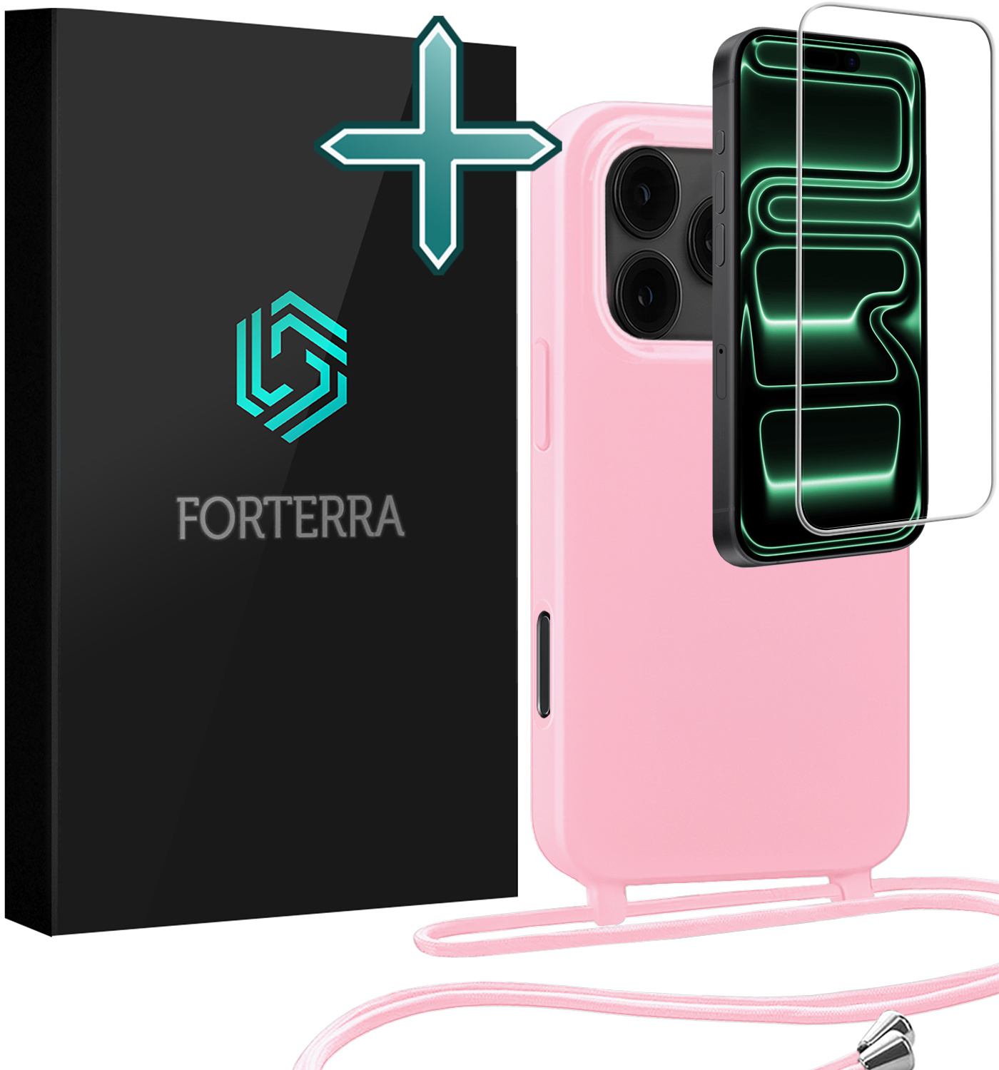 Forterra Forterra iPhone 17 Pro Max Hoesje met Koord Met Screenprotector - Lichtroze
