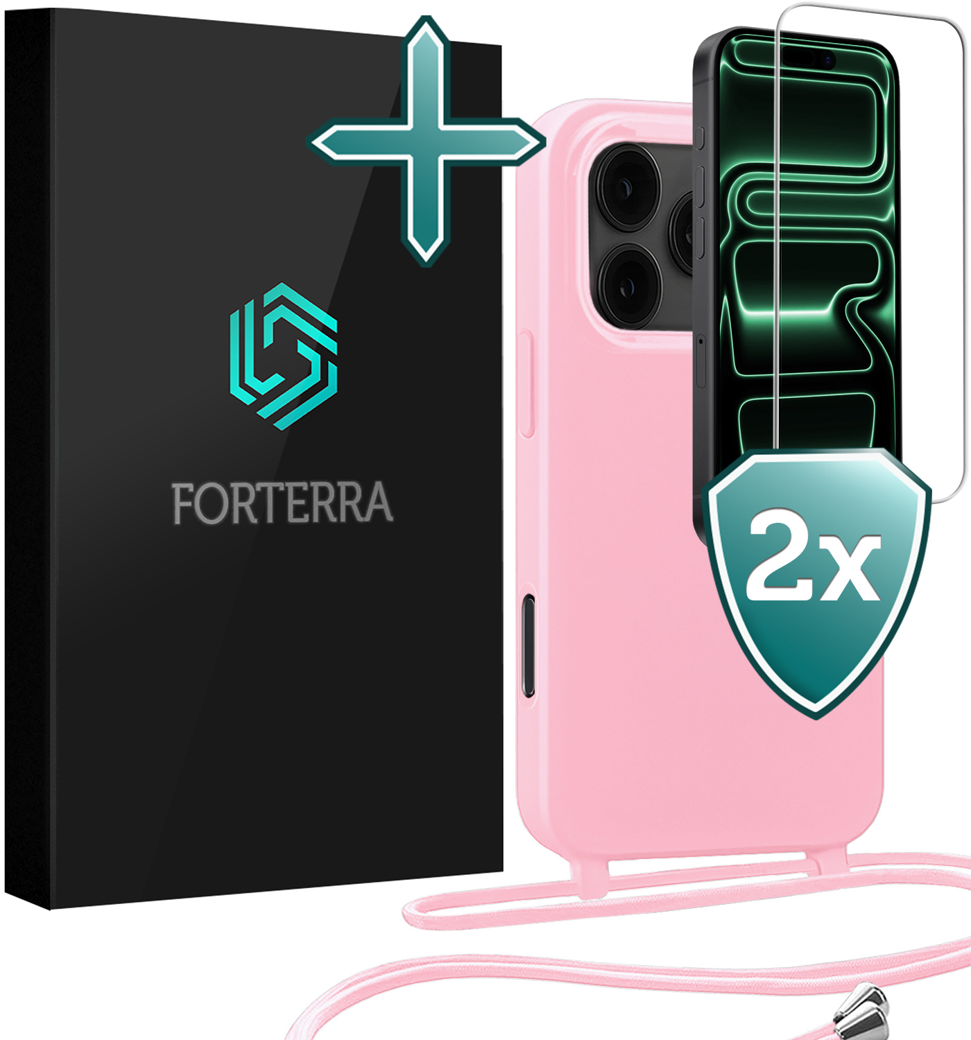 Forterra Forterra iPhone 17 Pro Max Hoesje met Koord Met 2x Screenprotector - Lichtroze