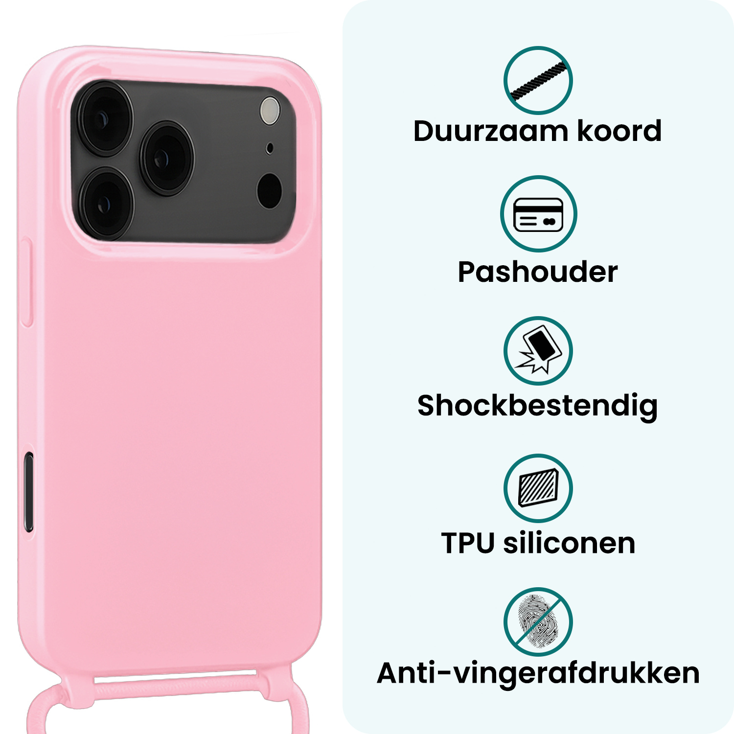 Forterra Forterra iPhone 17 Pro Max Hoesje met Koord Met 2x Screenprotector - Lichtroze