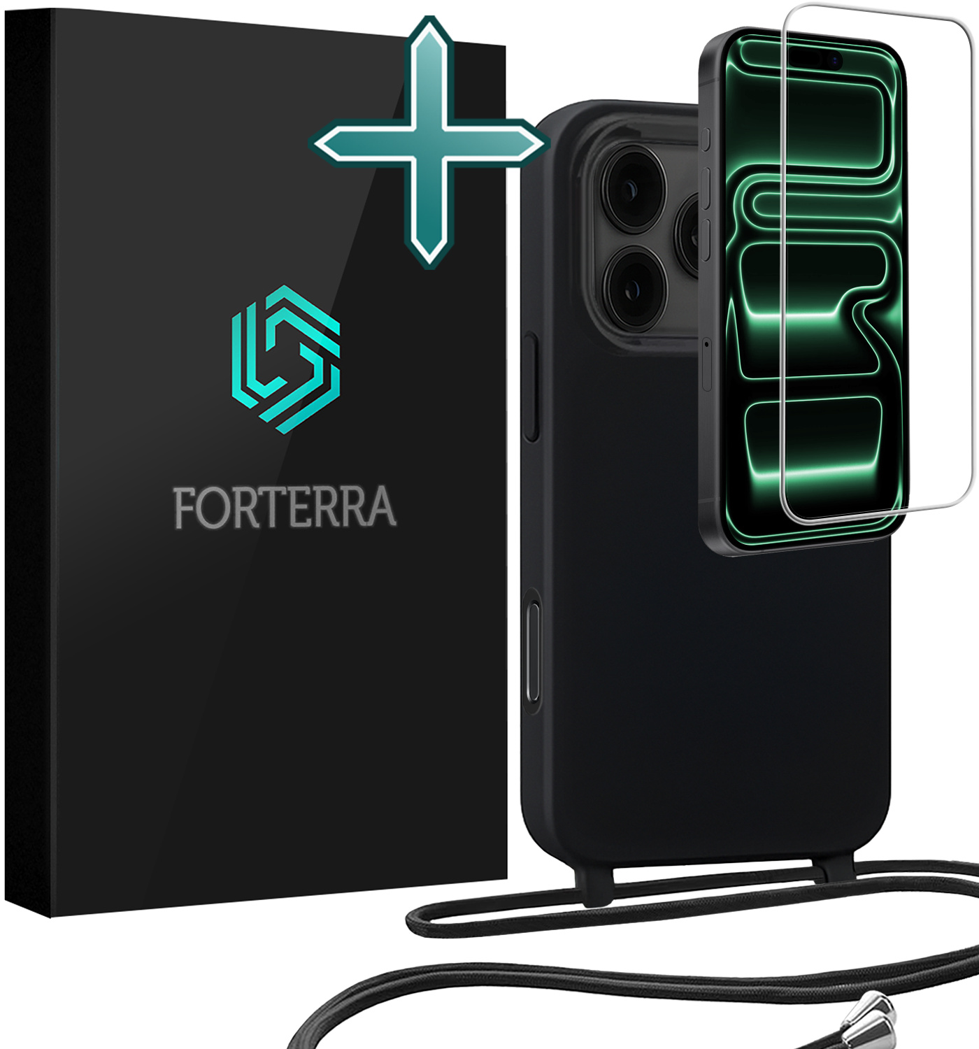 Forterra Forterra iPhone 17 Pro Max Hoesje met Koord Met Screenprotector - Zwart