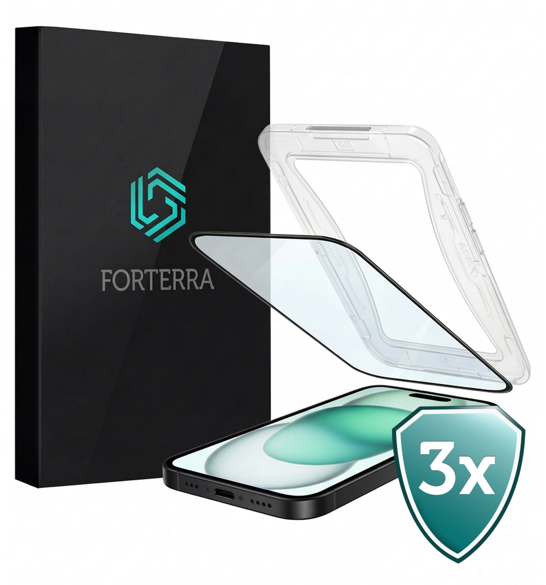 Forterra Screenprotector Geschikt voor iPhone 15 Plus Screenprotector Met Installatie Kit Flexibel Hybrid Full Cover - Screen Protector Geschikt voor iPhone 15 Plus Screenprotector Met Montage Frame Buigbaar Glas - 3 PACK