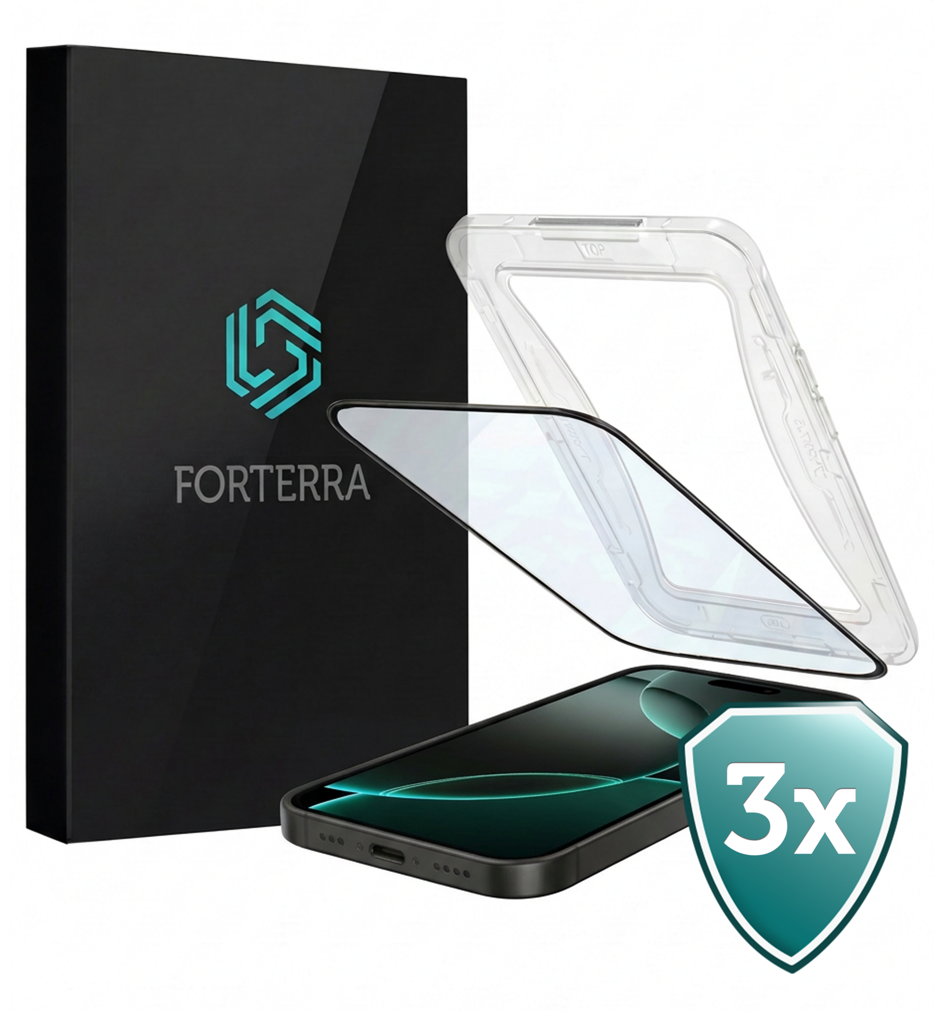Forterra Screenprotector Geschikt voor iPhone 16 Pro Max Screenprotector Met Installatie Kit Flexibel Hybrid Full Cover - Screen Protector Geschikt voor iPhone 16 Pro Max Screenprotector Met Montage Frame Buigbaar Glas - 3 PACK