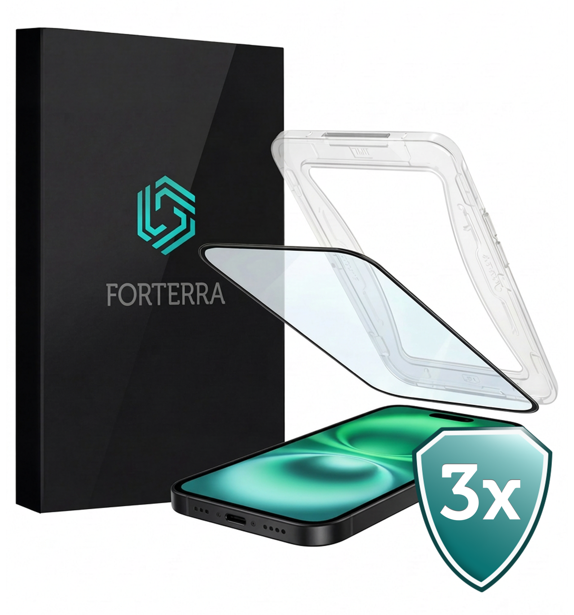 Forterra Screenprotector Geschikt voor iPhone 16 Plus Screenprotector Met Installatie Kit Flexibel Hybrid Full Cover - Screen Protector Geschikt voor iPhone 16 Plus Screenprotector Met Montage Frame Buigbaar Glas - 3 PACK