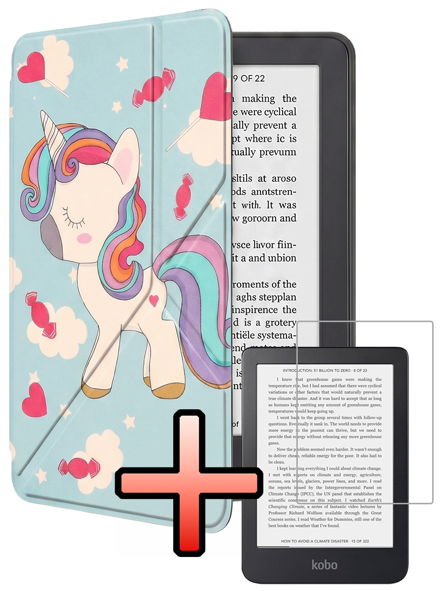 NoXx NoXx Kobo Clara 2E Hoesje Trifold Met Screenprotector - Eenhoorn
