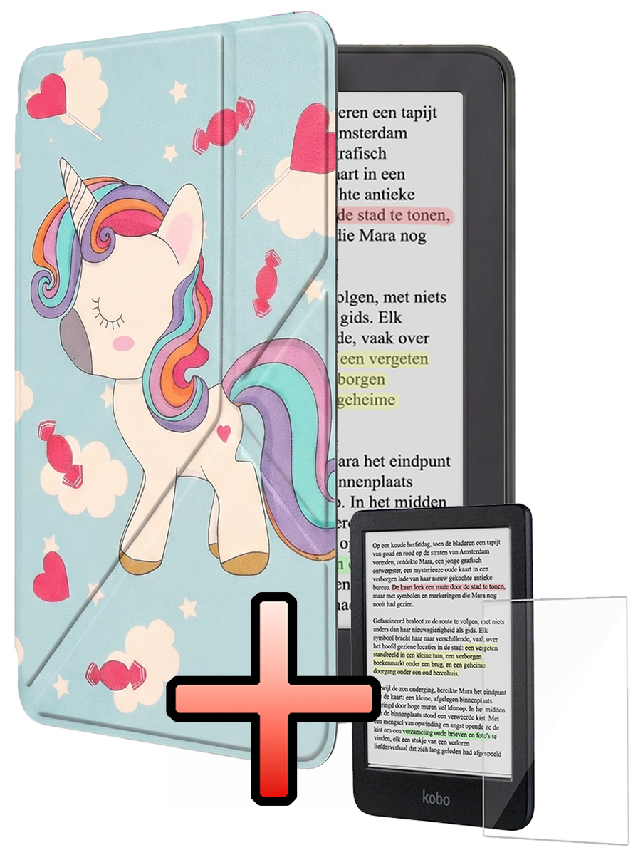 NoXx NoXx Kobo Clara BW Hoesje Trifold Met Screenprotector - Eenhoorn