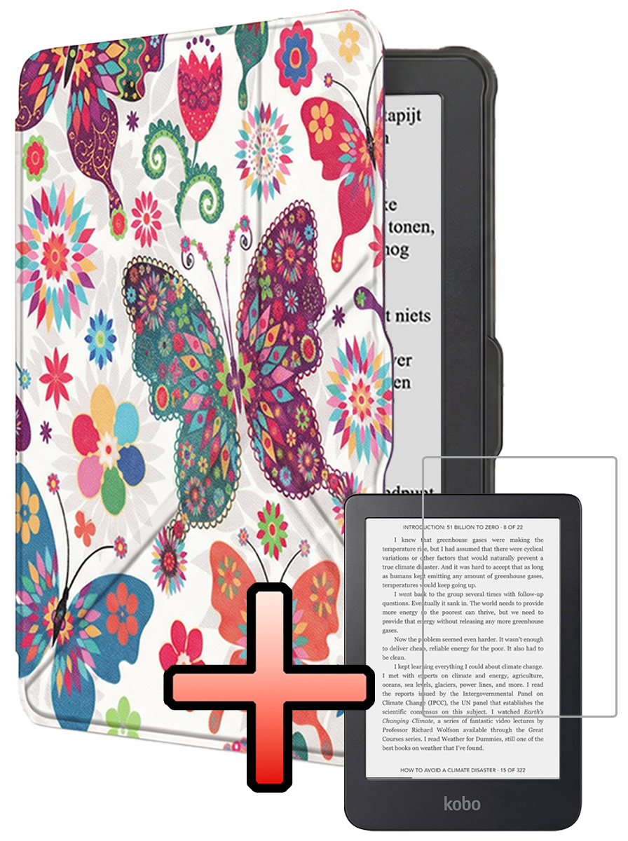 NoXx NoXx Kobo Clara HD Hoesje Trifold Met Screenprotector - Vlinders