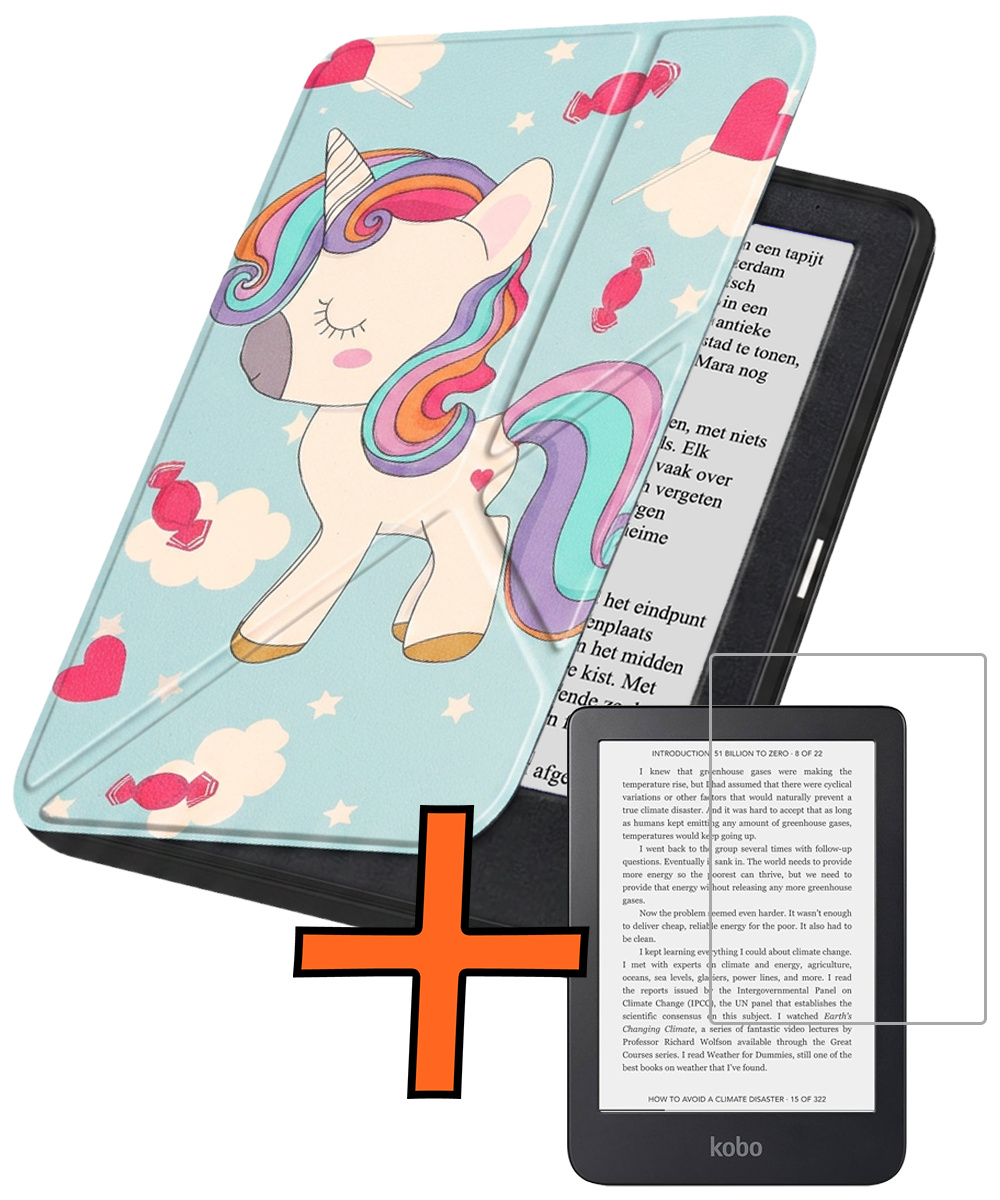 Nomfy Nomfy Kobo Clara 2E Hoesje Trifold Met Screenprotector - Eenhoorn