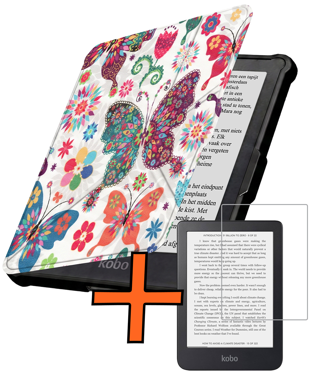 Nomfy Nomfy Kobo Clara HD Hoesje Trifold Met Screenprotector - Vlinders