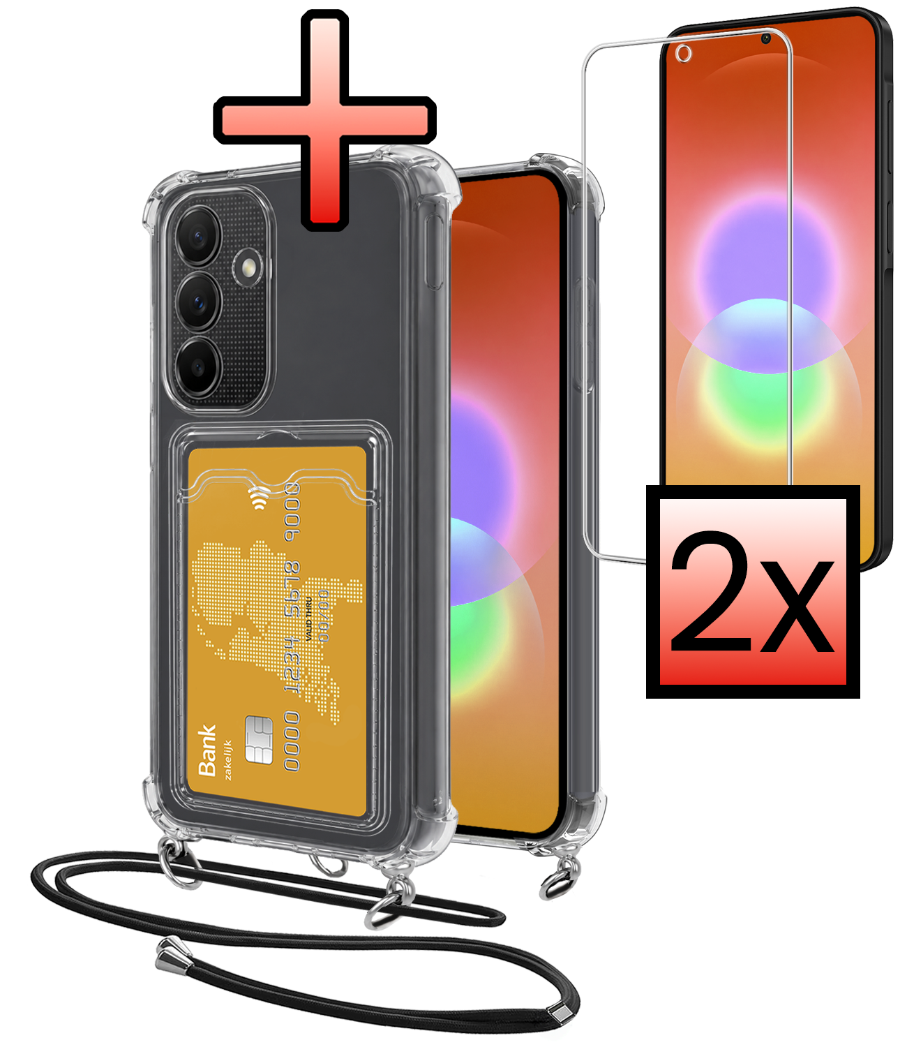 NoXx NoXx Samsung Galaxy A27 Hoesje Pashouder met Koord Met 2x Screenprotector
