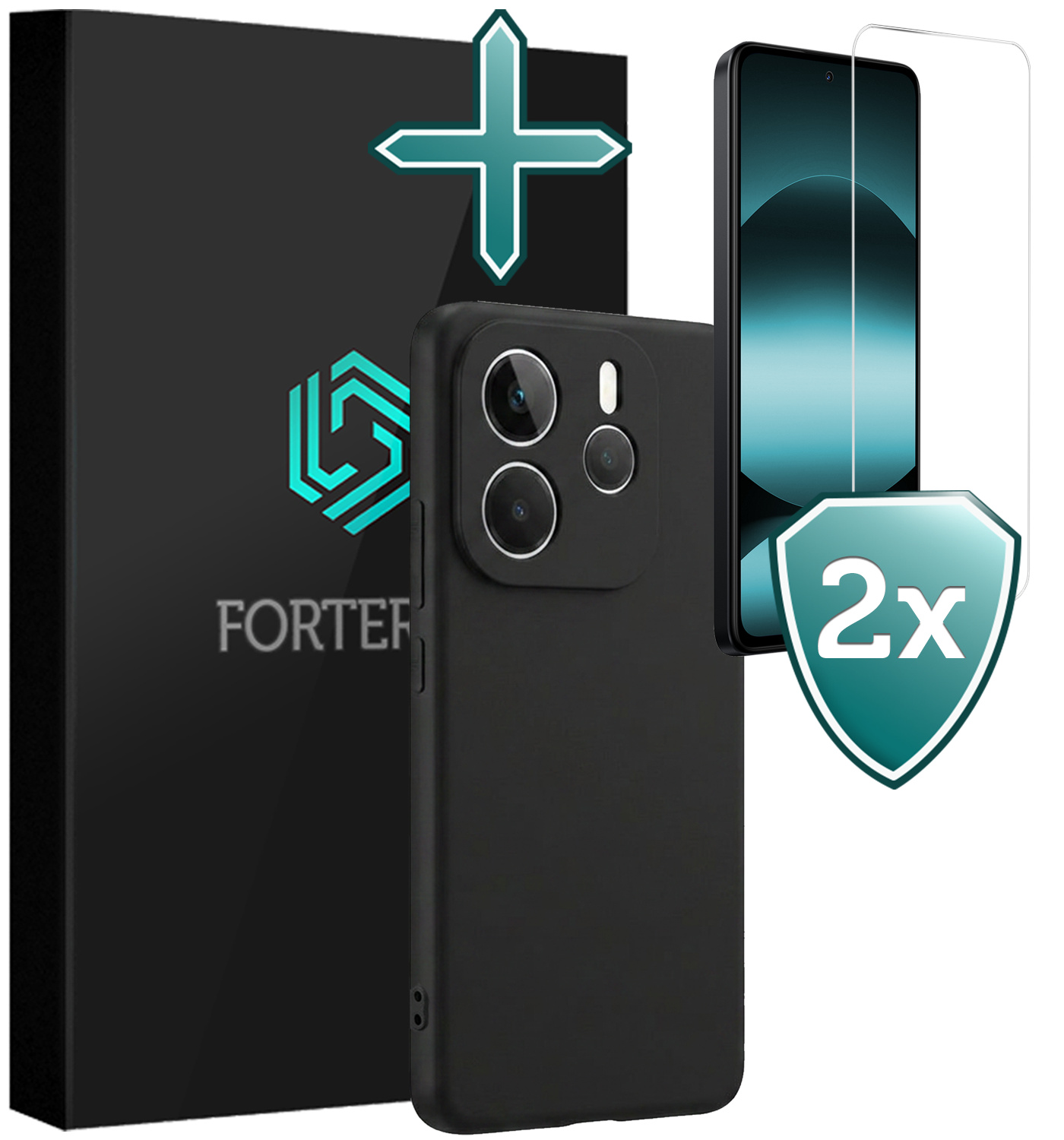Forterra Forterra Xiaomi Redmi Note 14 5G Hoesje Siliconen Met 2x Screenprotector - Zwart
