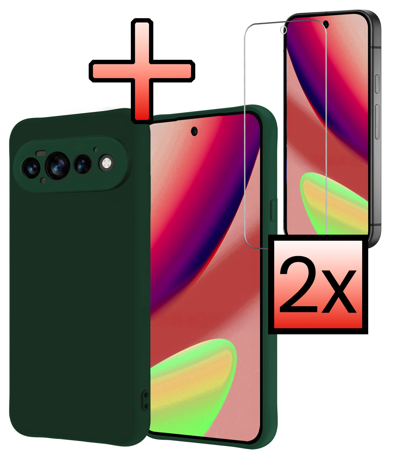 NoXx NoXx Google Pixel 11 Pro Hoesje Siliconen Met 2x Screenprotector - Donkergroen