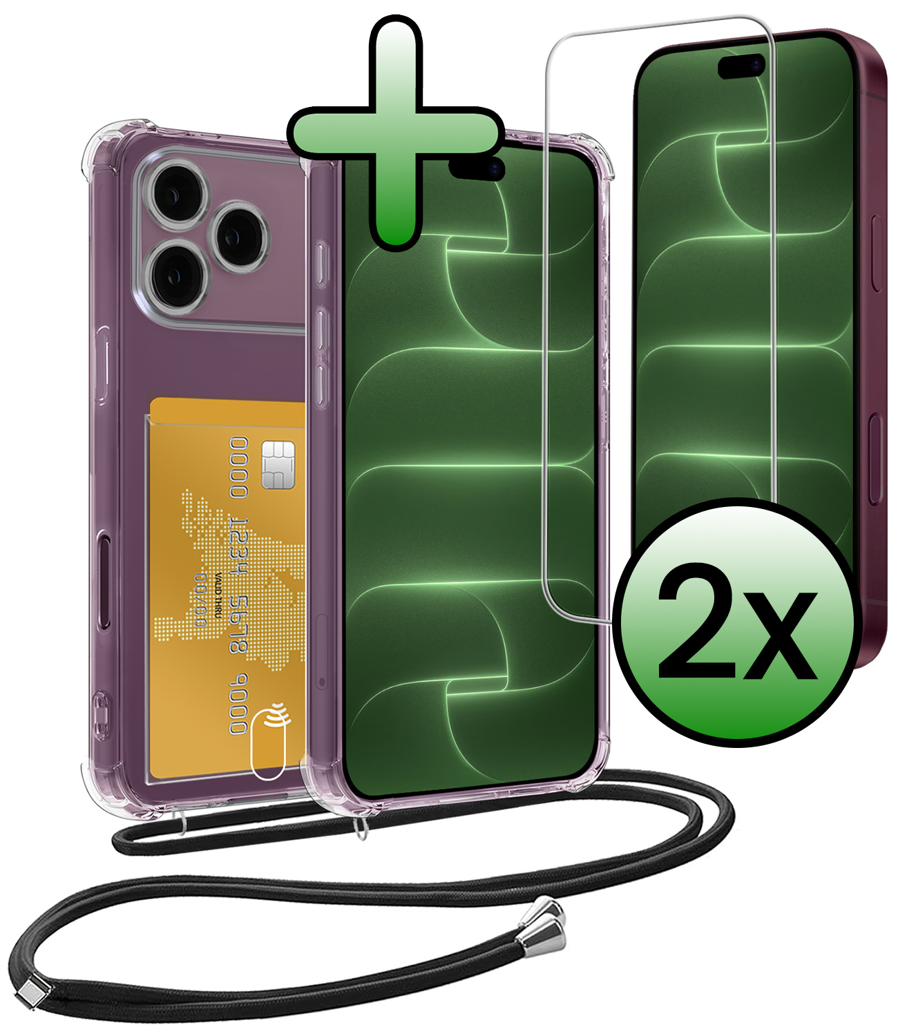 BASEY. BASEY. iPhone 18 Pro Hoesje Pashouder met Koord Met 2x Screenprotector