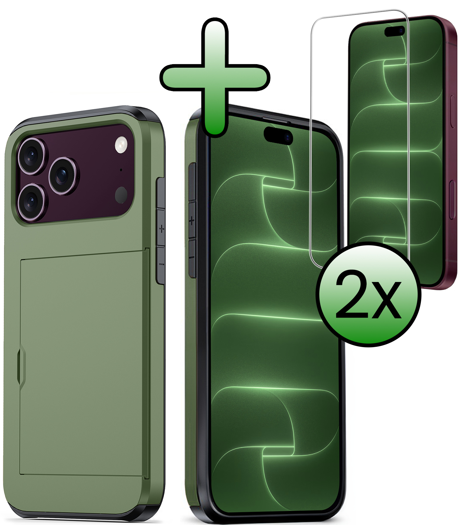 BASEY. BASEY. iPhone 18 Pro Hoesje Pashouder Hard Met 2x Screenprotector - Donker Groen