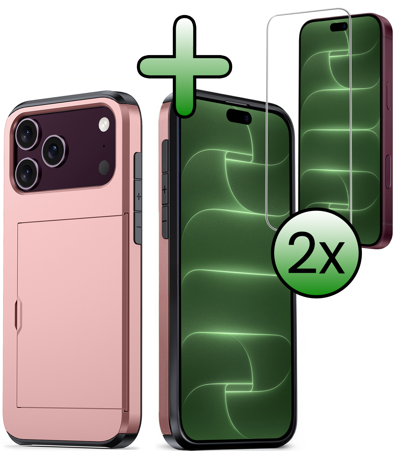 BASEY. BASEY. iPhone 18 Pro Hoesje Pashouder Hard Met 2x Screenprotector - Rose Goud