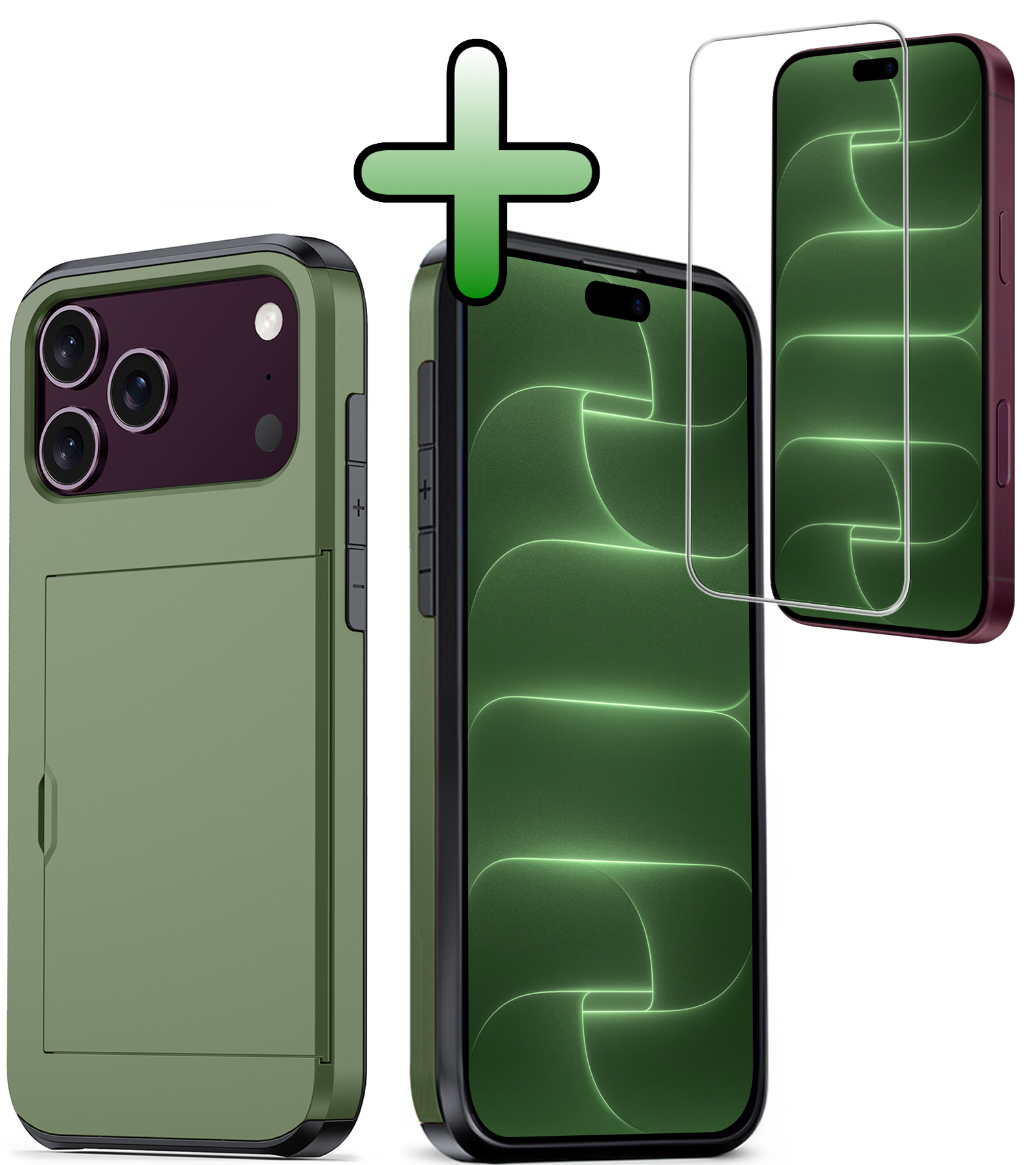 BASEY. BASEY. iPhone 18 Pro Max Hoesje Pashouder Hard Met Screenprotector - Donker Groen