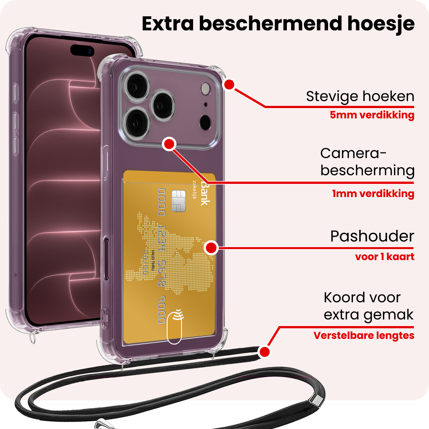 NoXx NoXx iPhone 18 Pro Hoesje Pashouder met Koord - 2 PACK