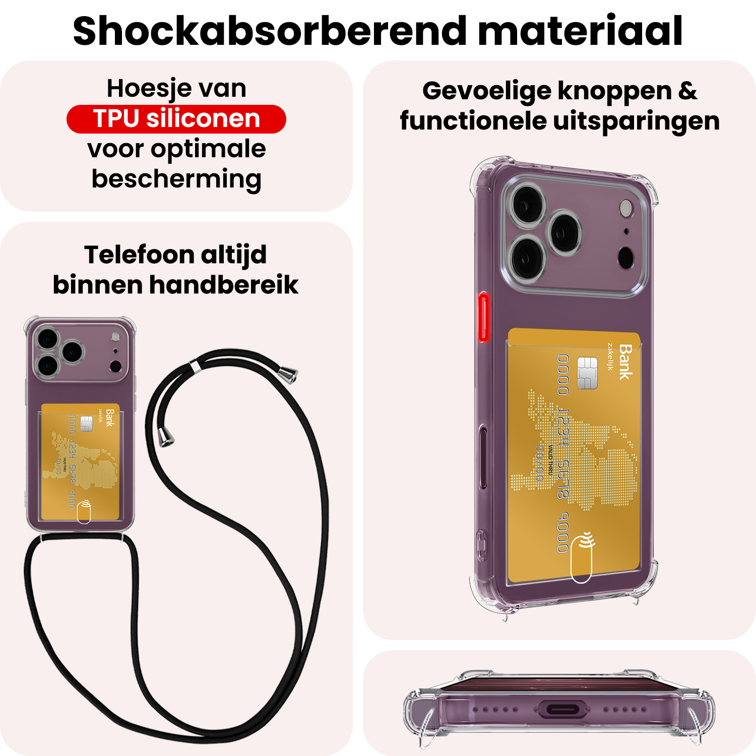 NoXx NoXx iPhone 18 Pro Hoesje Pashouder met Koord - 2 PACK