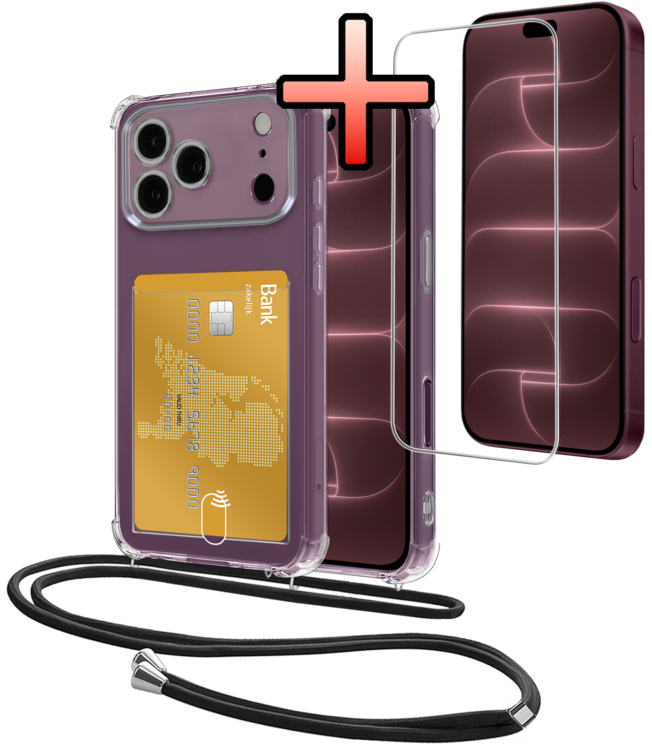 NoXx NoXx iPhone 18 Pro Hoesje Pashouder met Koord Met Screenprotector