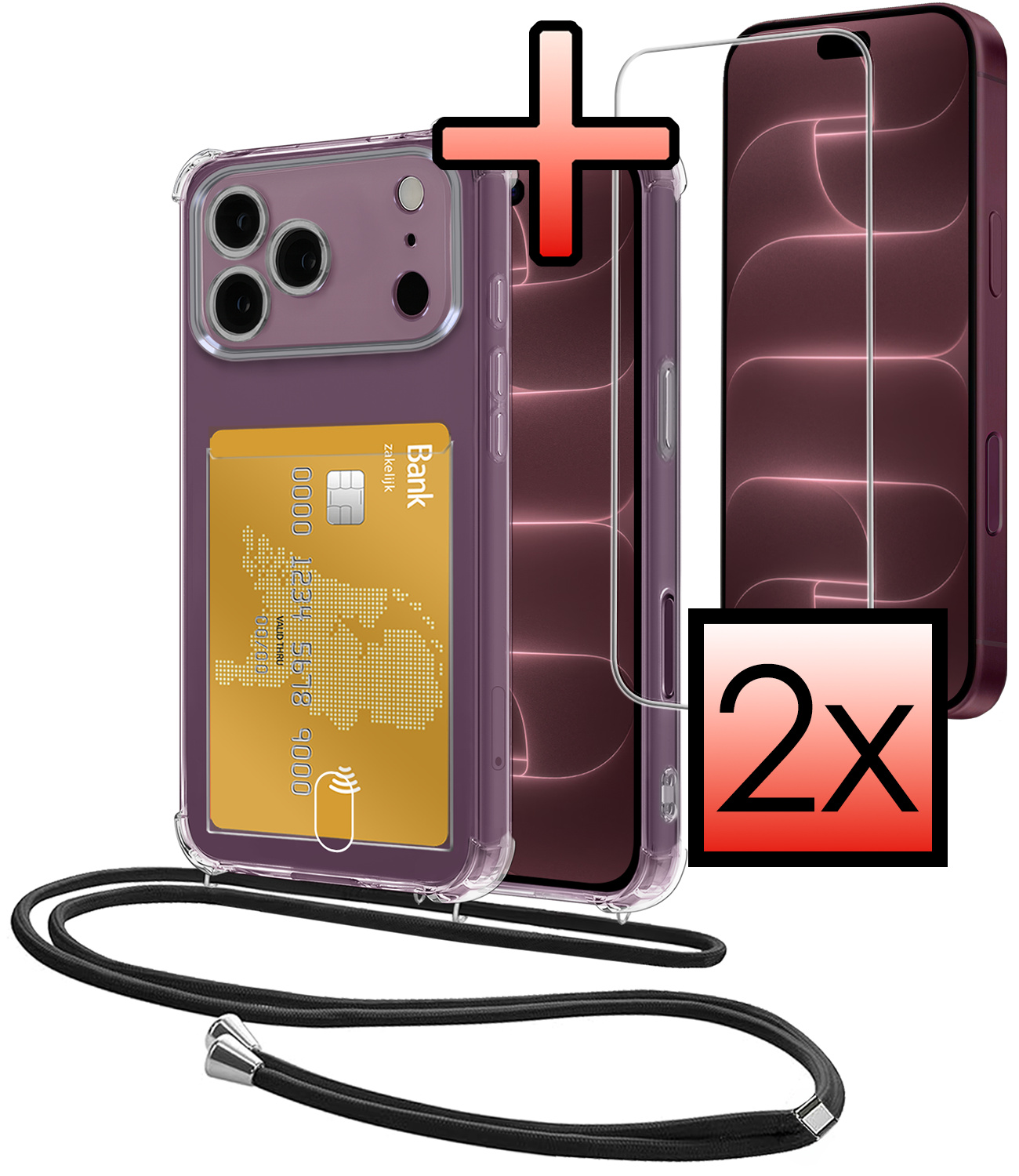 NoXx NoXx iPhone 18 Pro Hoesje Pashouder met Koord Met 2x Screenprotector