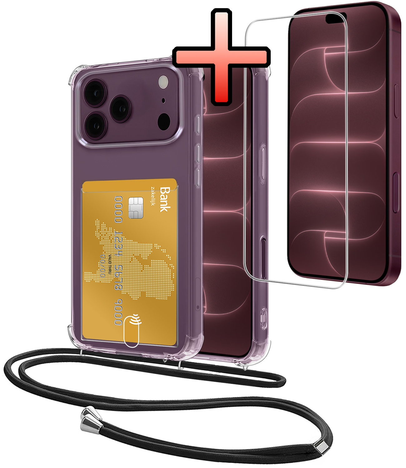 NoXx NoXx iPhone 18 Pro Max Hoesje Pashouder met Koord Met Screenprotector