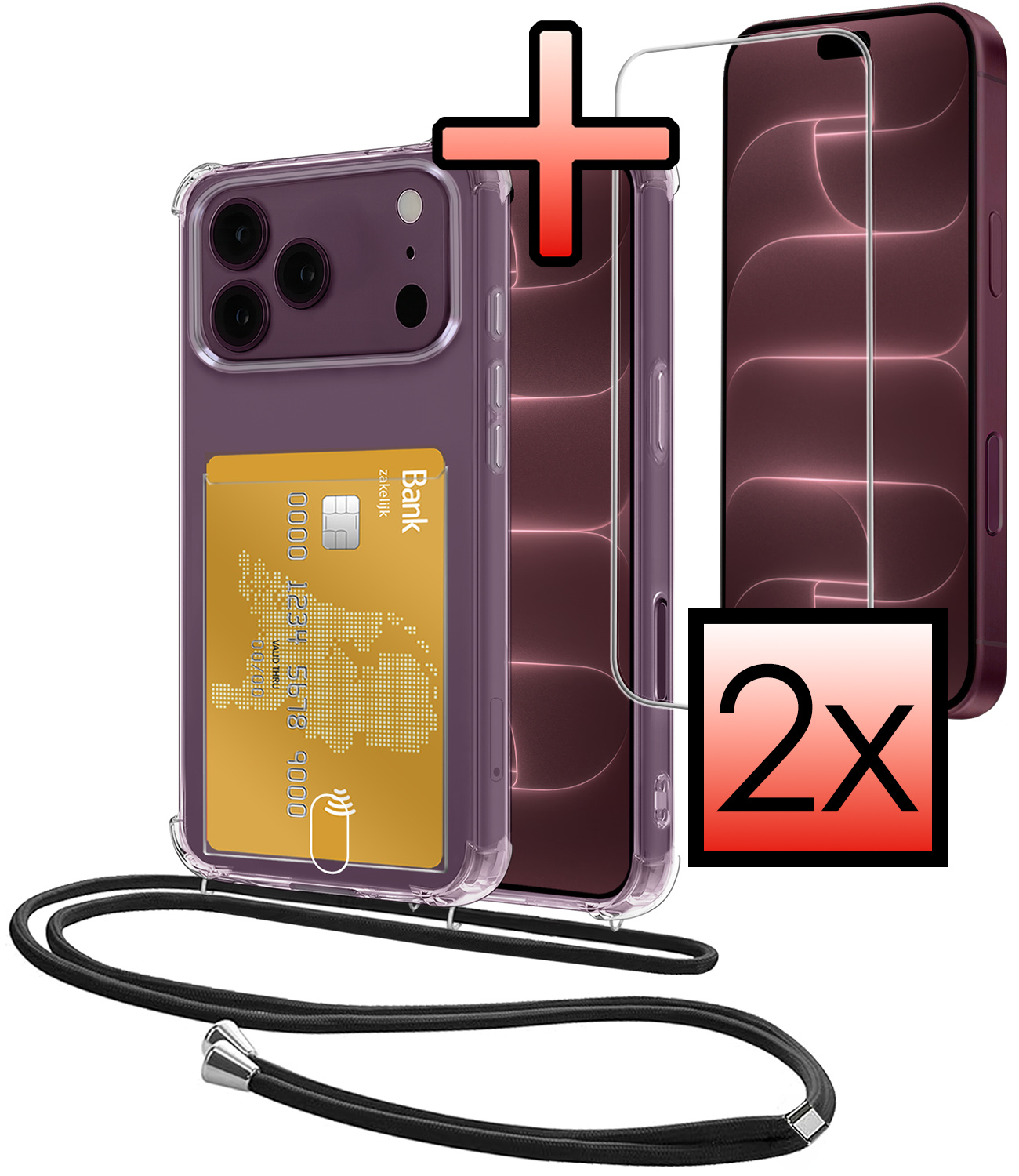 NoXx NoXx iPhone 18 Pro Max Hoesje Pashouder met Koord Met 2x Screenprotector