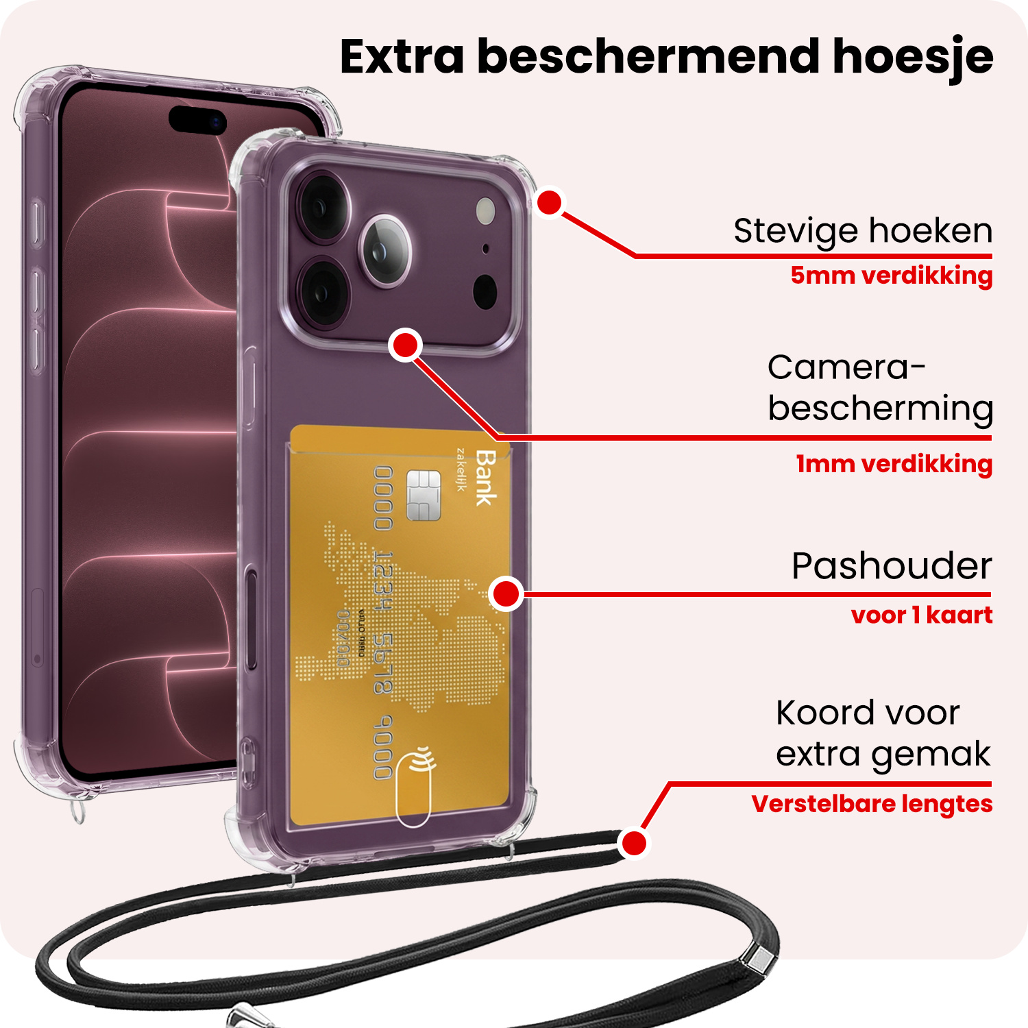 NoXx NoXx iPhone 18 Pro Max Hoesje Pashouder met Koord Met 2x Screenprotector