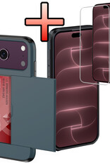 NoXx NoXx iPhone 18 Pro Hoesje Pashouder Hard Met Screenprotector - Donker Blauw