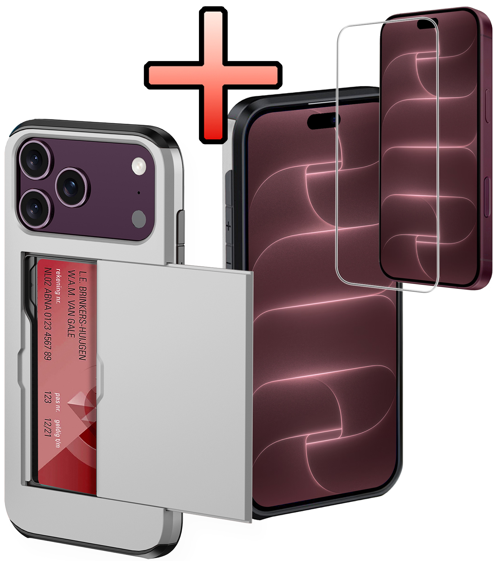 NoXx NoXx iPhone 18 Pro Hoesje Pashouder Hard Met Screenprotector - Grijs