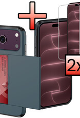 NoXx NoXx iPhone 18 Pro Hoesje Pashouder Hard Met 2x Screenprotector - Donker Blauw