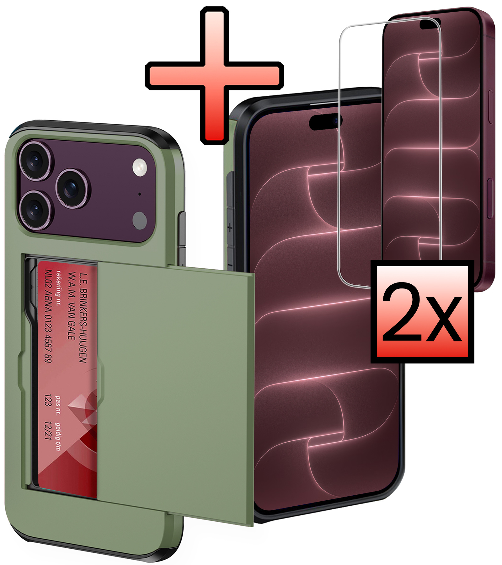 NoXx NoXx iPhone 18 Pro Hoesje Pashouder Hard Met 2x Screenprotector - Donker Groen