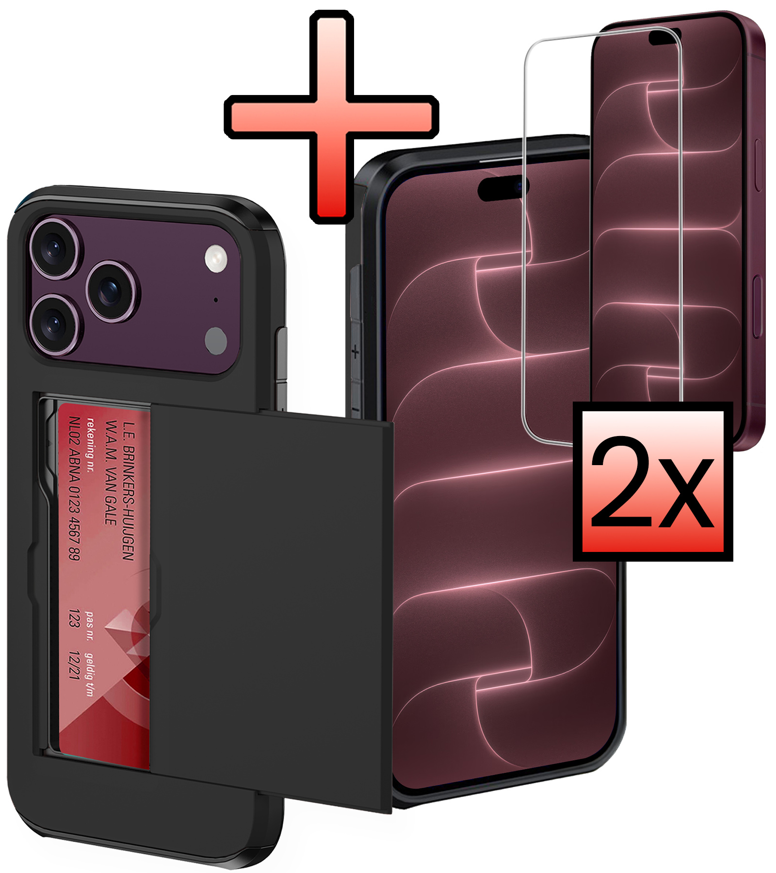 NoXx NoXx iPhone 18 Pro Hoesje Pashouder Hard Met 2x Screenprotector - Zwart