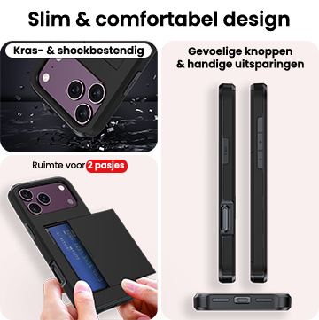 NoXx NoXx iPhone 18 Pro Hoesje Pashouder Hard Met 2x Screenprotector - Zwart
