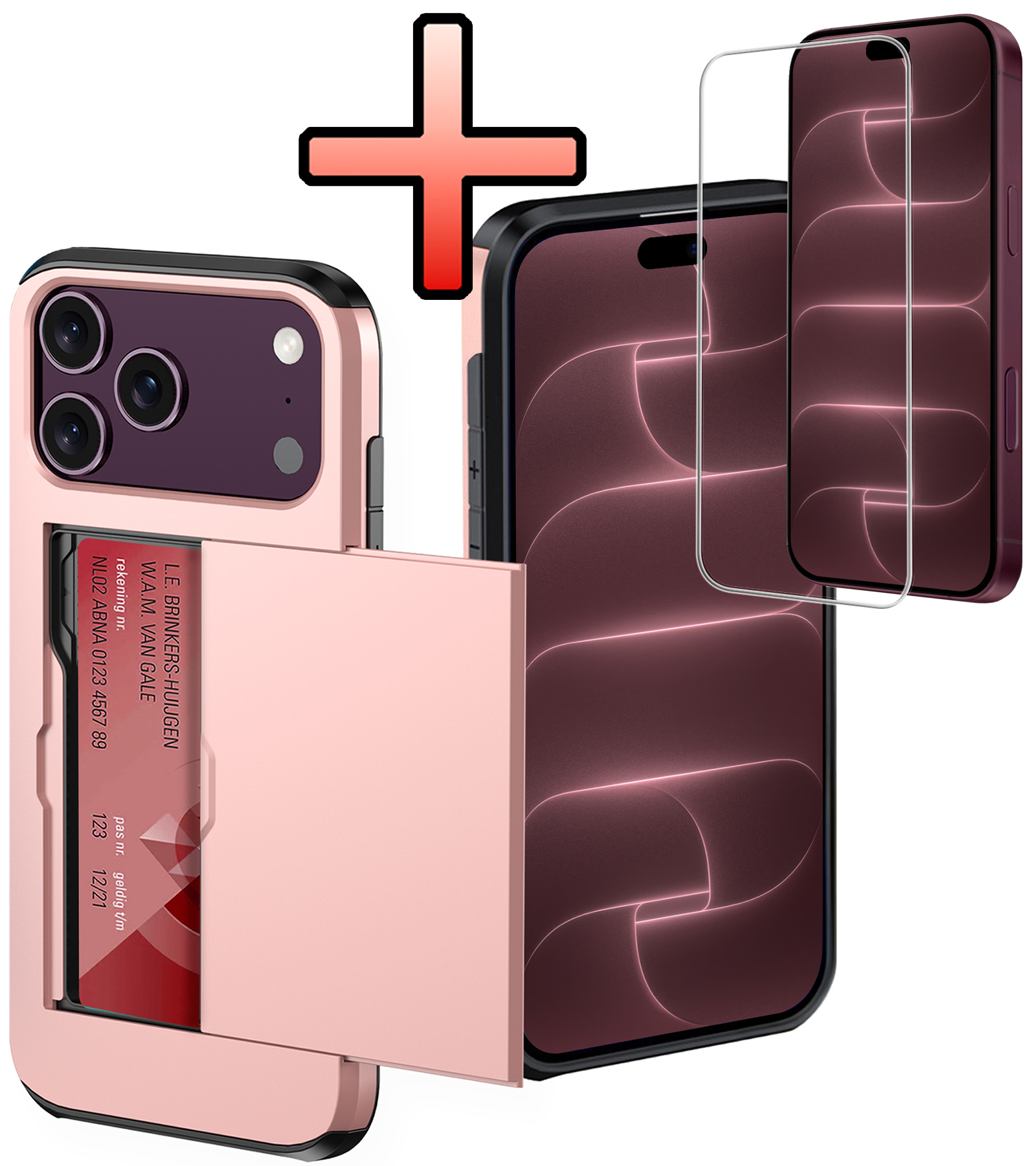 NoXx NoXx iPhone 18 Pro Max Hoesje Pashouder Hard Met Screenprotector - Rose Goud